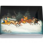 Russian lacquerÂ box depicting two racing troikas in a Russian winter scene
