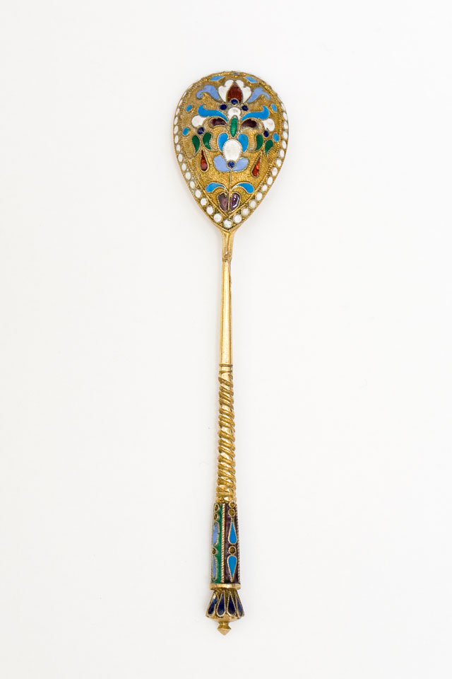 One from a set of 12 spoons for a caviar bowl, gilt and cloisonnÃ©, Moscow, 1908-17