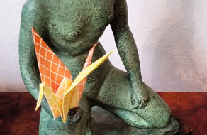 photo for a event, sculpture with a origami crane (for a Japanese inspired afternoon of fun creating Origami animals, a tradition paper Crane, a cat or dog, or the ever popular at Dorich House Museum, a squirrel