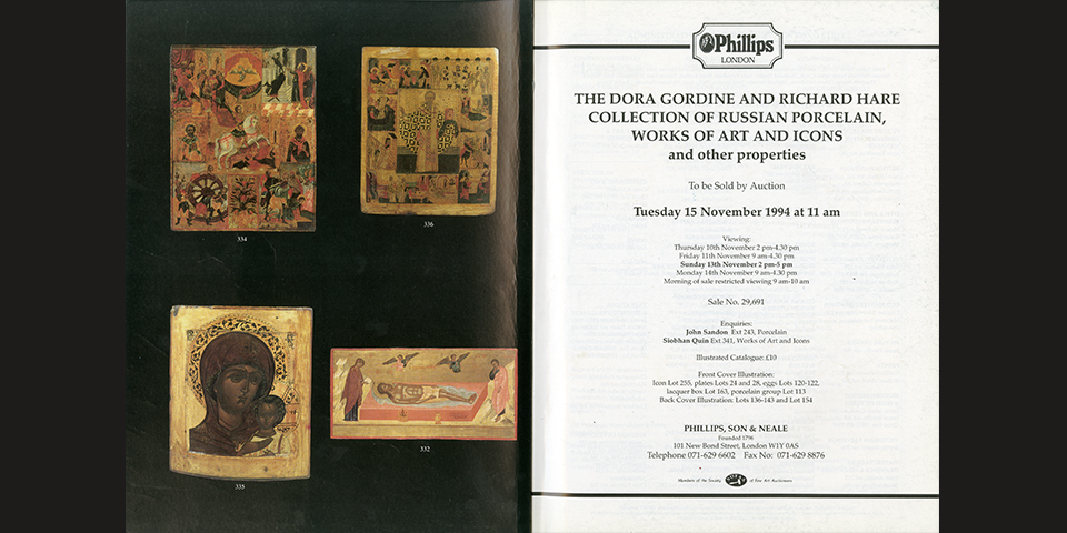 The auction catalogue for one of the main sales of Dora Gordine and Richard Hare’s Russian art collection, Phillips Auctioneers, London, 15 November 1994